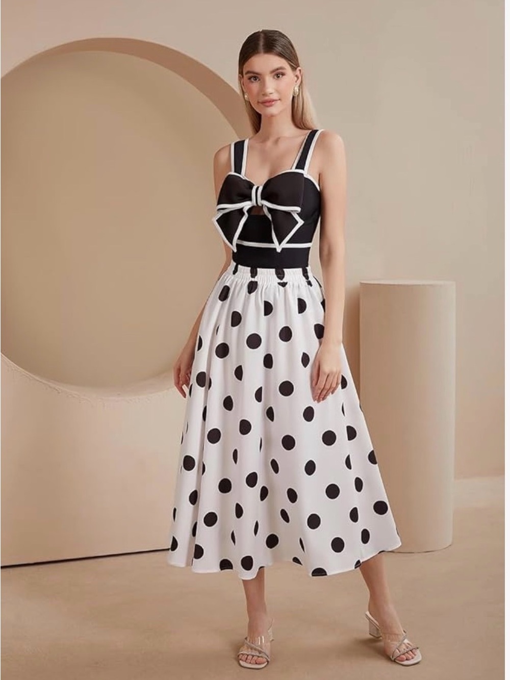 Black and White Bathing Suit and Polka Dot Skirt combo